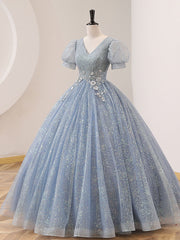 Gray Blue Tulle Lace sequin Long Prom Dress, Blue Formal Sweet 16 Dress