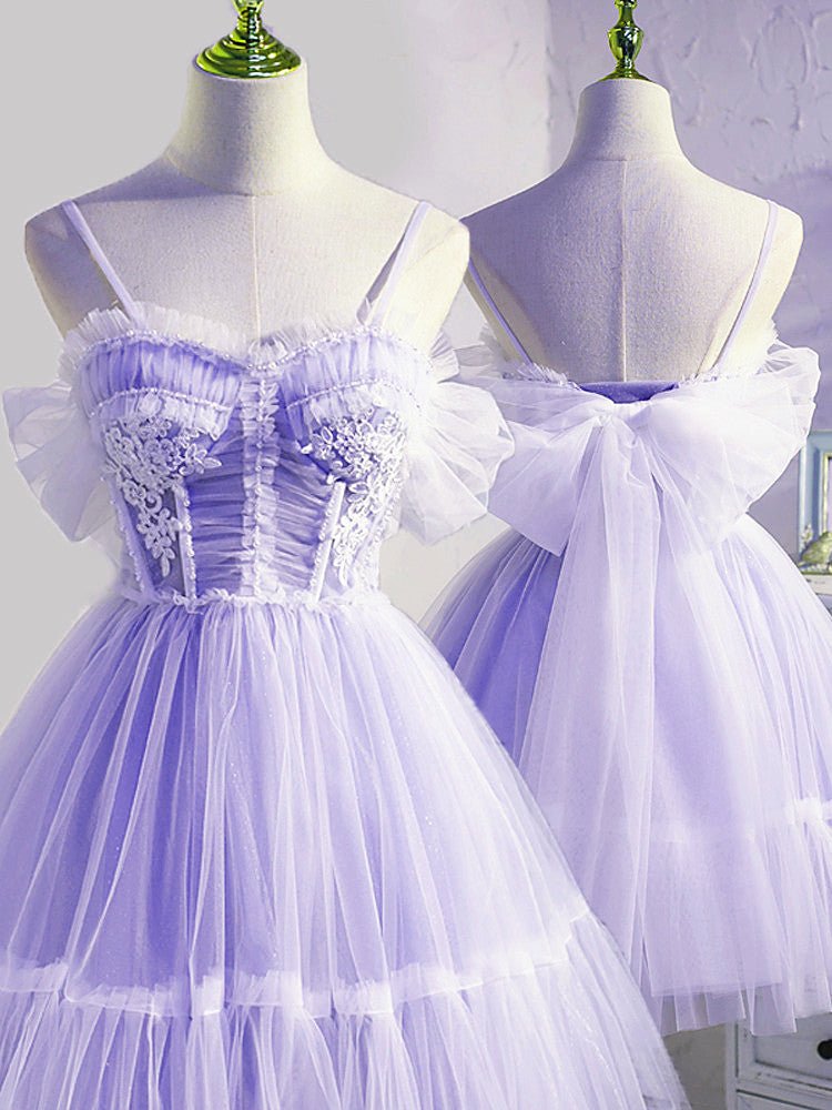 Cute Lavender Tulle Short Straps Homecoming Dresss, Tulle Sweetheart Prom Dress
