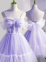 Cute Lavender Tulle Short Straps Homecoming Dresss, Tulle Sweetheart Prom Dress