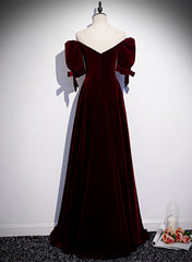 Wine Red Velvet Short Sleeves Long Party Dress, Wine Red Evening Prom Dress
