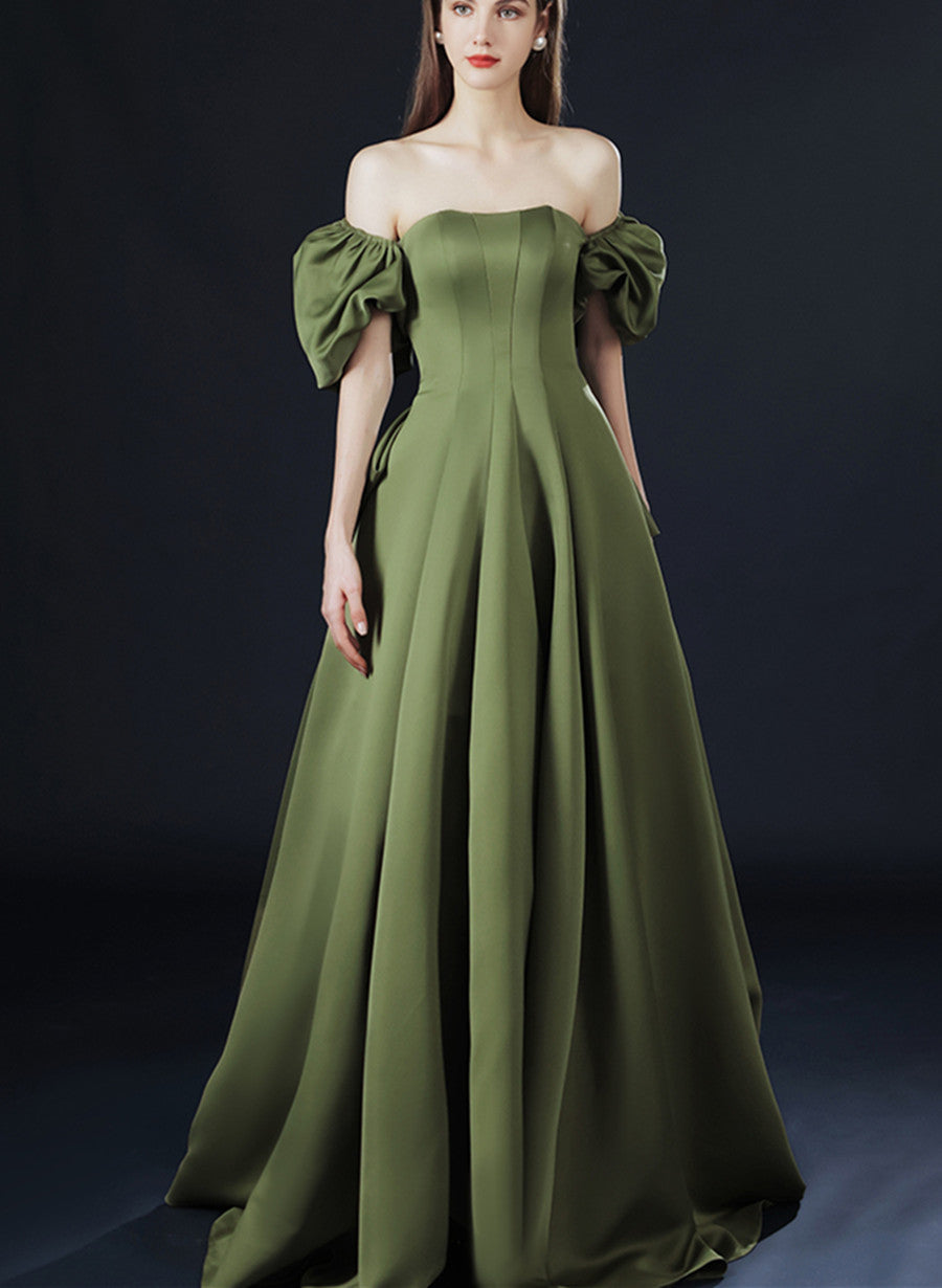Green Satin Long Party Dress with Short Sleeves, Green A-line Low Back Prom Dress