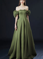 Green Satin Long Party Dress with Short Sleeves, Green A-line Low Back Prom Dress