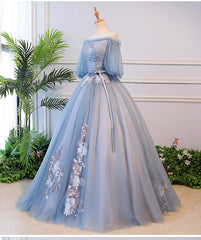 Blue Tulle Floral Off Shoulder Princess Formal Dress, Blue Sweet 16 Dress, Prom Dress