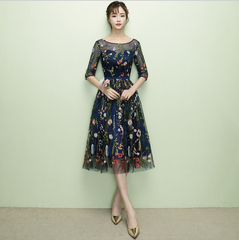 Navy Blue Floral Lace Short Bridesmaid Dresses, Cute Blue Homecoming Dress Prom Dress