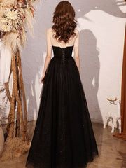 Black A line sequin long prom dress, black evening dress