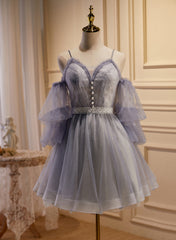 Cute Off Shoulder Tulle and Lace Straps Homecoming Dress, Short Prom Dress