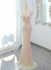 Lovely Sequins Mermaid V-neckline Straps Party Dress, Sequins Long Formal Dress