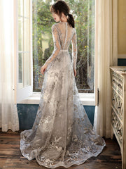 Elegant Sliver Grey Long Sleeves Long Evening Dress Party Dress, A-line Senior Prom Dress