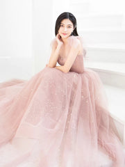 Bean pink tulle long prom dress, A line tulle formal evening dress