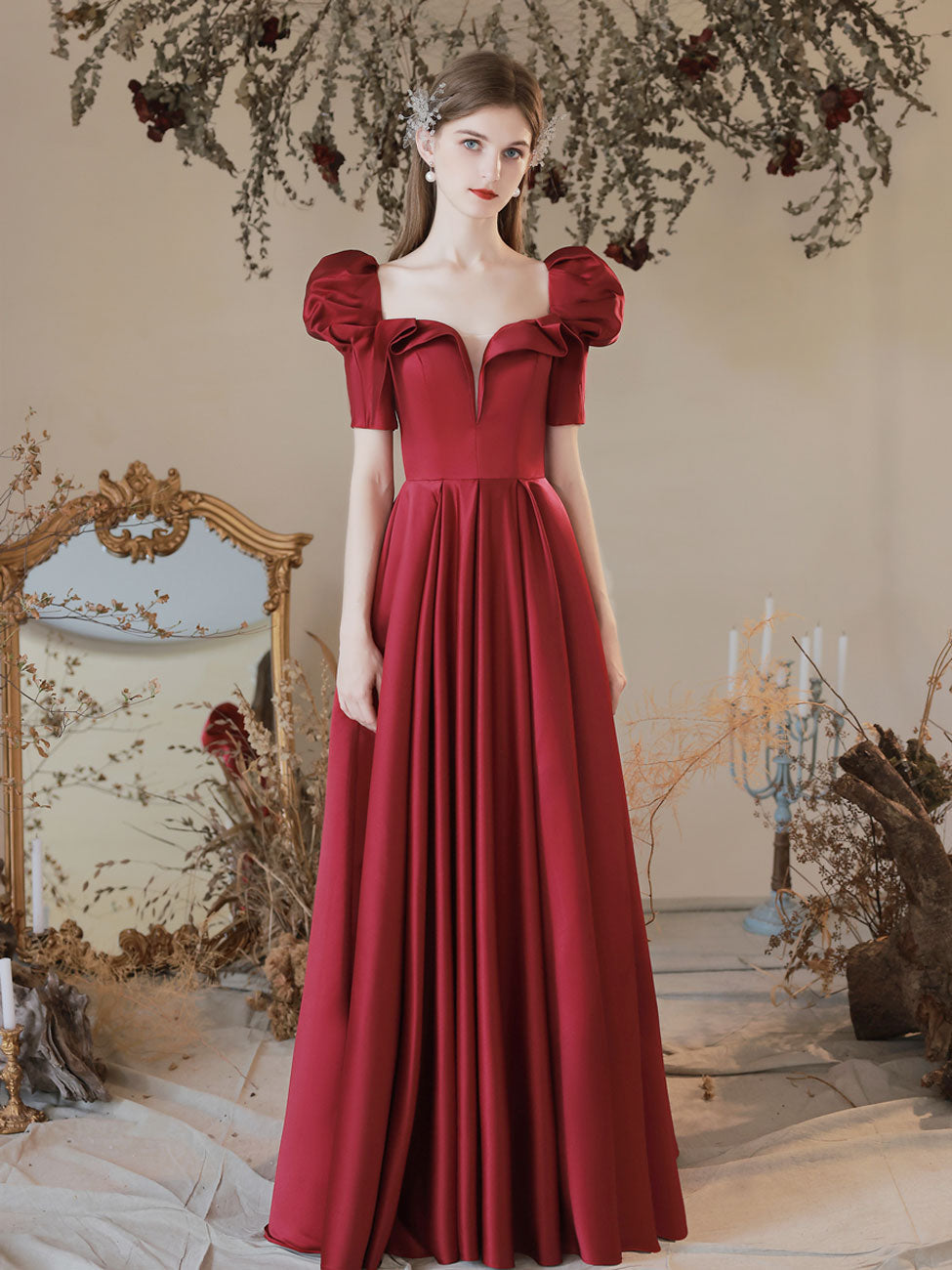 Simple Satin Burgundy Long Prom Dresses, Burgundy Bridesmaid Dresses