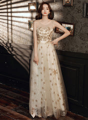 A-line Tulle Round Neckline Champagne Prom Dress, Champagne Evening Dress