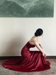 Wine Red Satin Sweetheart Straps Prom Dress, Wine Red Long Evening Dress