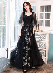 Black Puffy Sleeves Tulle Long Party Dress, A-line Black Prom Dress Evening Dress