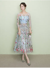 Light Blue Tea Length Lace Floral Wedding Party Dress, Beautiful Formal Dress