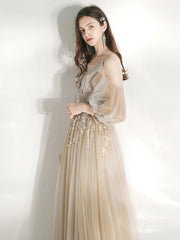 Champagne A Line Tulle lace long Prom Dress, Champagne Graduation Dresses