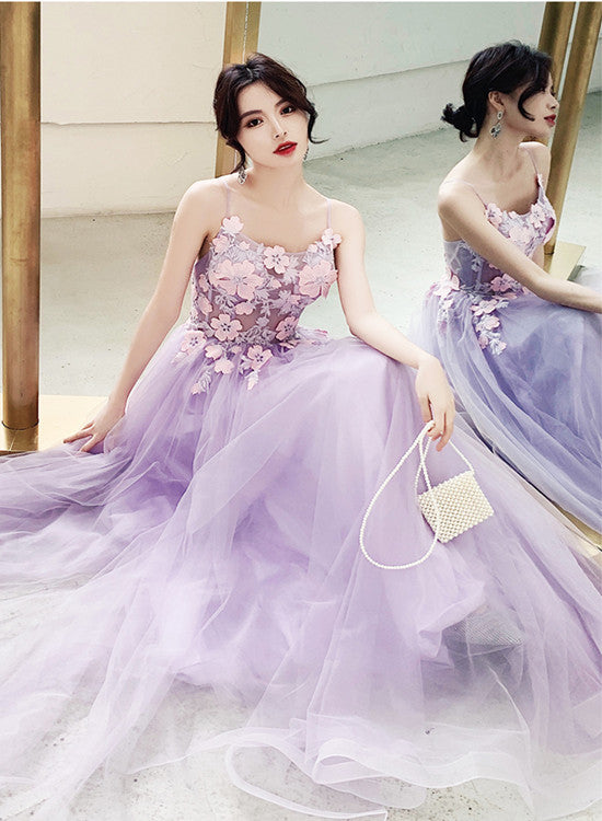 Beautiful Tulle Lavender Straps Prom Dress, A-line Evening Dress