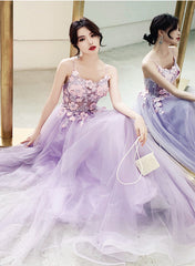 Beautiful Tulle Lavender Straps Prom Dress, A-line Evening Dress