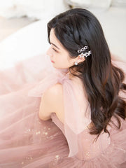 Bean pink tulle long prom dress, A line tulle formal evening dress