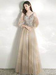 Champagne A Line Tulle lace long Prom Dress, Champagne Graduation Dresses