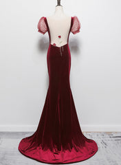 Wine Red Mermaid Velvet with Short Sleeves Formal Dress, Wine Red Evening Dress