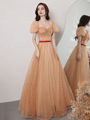 Champagne A line long prom dress sweetheart neck tulle formal evening dress