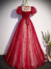 A line burgundy tulle sequin long prom dress, burgundy formal dress