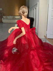 Red Shiny Tulle Short Sleeves Long A-line Prom Dress, Red Wedding Party Dress