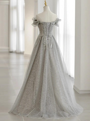 Sliver-Grey Tulle with Sequins Long Party Dress,A-line Floor Length Prom Dresses