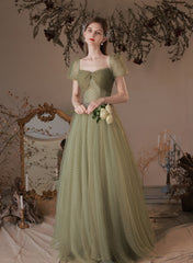 A-line Green Off Shoulder Tulle Long Party Dress, Green Simple Floor Length Prom Dress