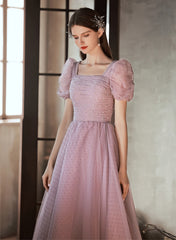 Light Purple Tulle Long Formal Dress, A-line Tulle Short Sleeves Prom Dress