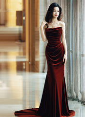 Wine Red Velvet Long Mermaid Wedding Party Dress, Wine Red Prom Dress