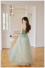 Light Green Tulle Straps Long Prom Dress, Light Green A-line Party Dress