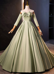 Green Satin Off Shoulder Long Formal Dress, Green Long Evening Dress Sweet 16 Dress