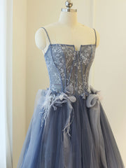 Gray A line lace tulle long prom dress, gray formal evening dress