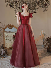 Aline Square Neckline Burgundy Long Prom Dresses, Burgundy Formal Evening Dresses