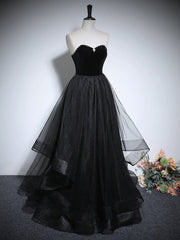 Black Haler Tulle and Velvet Long Prom Dress, Black A-line Tulle Evening Dress