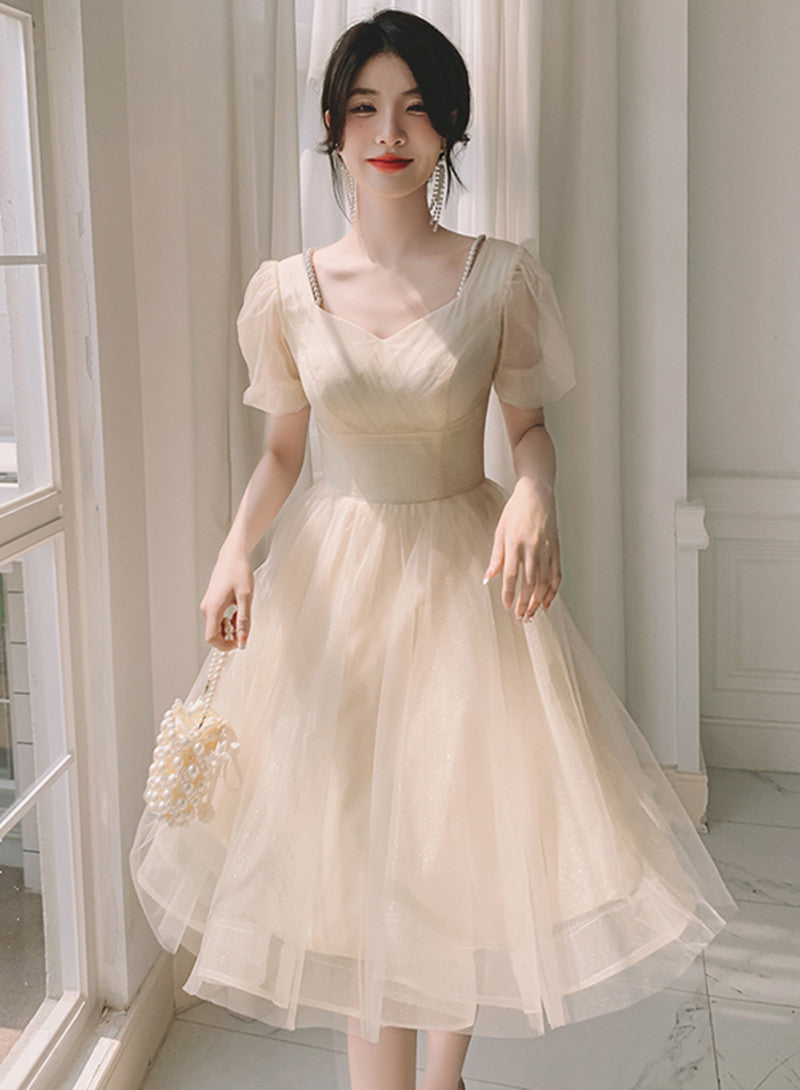 Light Champagne Short Homecoming Dress, Cute Tulle Short Prom Dress