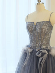 Gray A line lace tulle long prom dress, gray formal evening dress