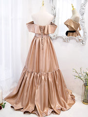Champagne A line satin off shoulder long prom dress champagne evening dress