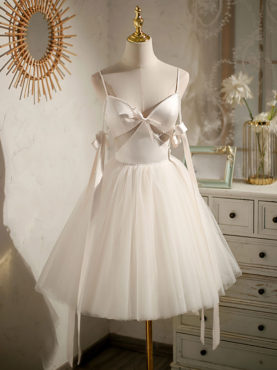 Beige Aline  tulle short prom dress beige tulle homecoming dress