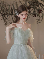 Green A Line Tulle Long Prom Dresses, Green Formal Graduation Dress
