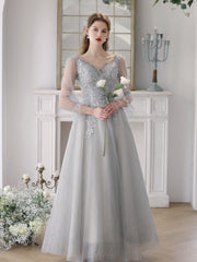 Light Grey Tulle V-neckline Beaded Long Party Dress, Grey Tulle Prom Dress Evening Dress