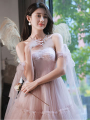 Pink tulle off shoulder short prom dress pink evening dress