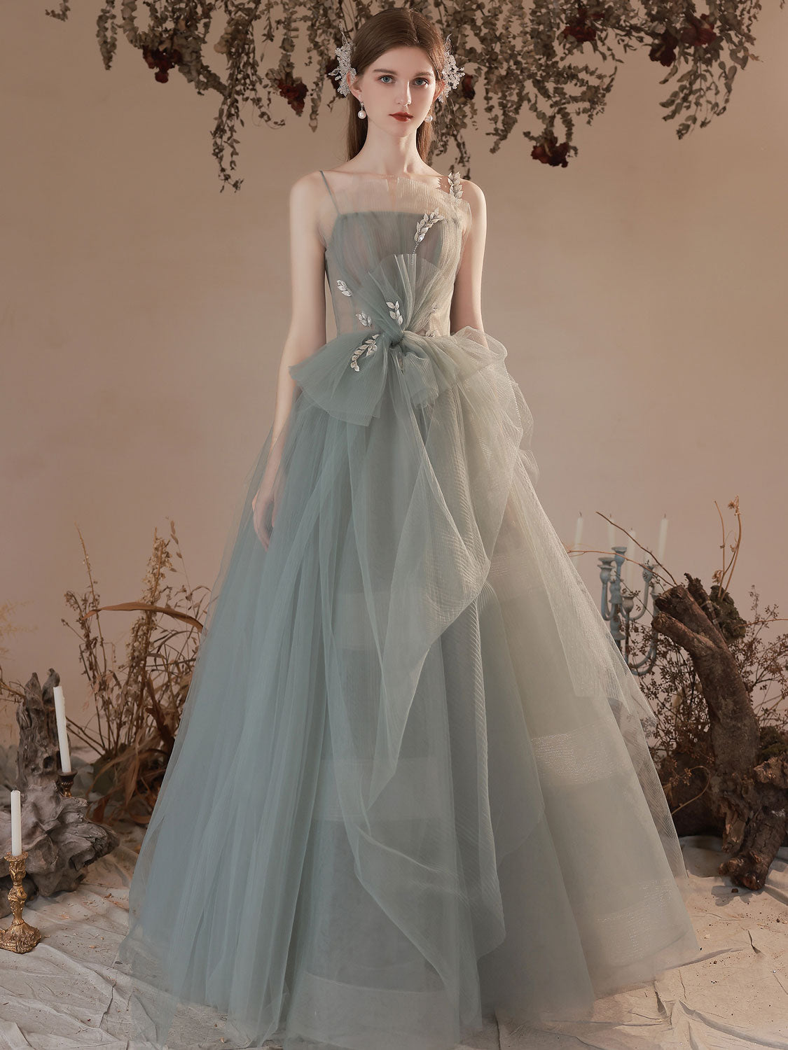 Gray green tulle long prom dress, gray green tulle formal dress