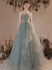 Gray green tulle long prom dress, gray green tulle formal dress
