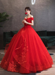 Red Off Shoulder Ball Gown Tulle with Lace Applique Party Dress, Red Sweet 16 Dress