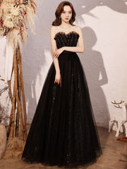 Black A line sequin long prom dress, black evening dress