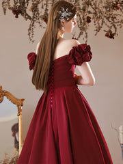 Burgundy Off Shoulder Satin Long Prom Dresses, Burgundy Formal Evening Dress