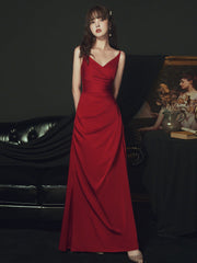 Sexy Wine Red Satin Straps Long Party Dress, Charming Dark Red Formal Dresses