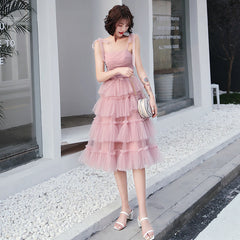 Lovely Pink Straps Layers Tea Length Wedding Party Dress, Pink Formal Dress